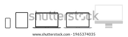Device blank screen mockup. Realistic pc computer, laptop, tablet, mobile phone mock up. Vector isolated