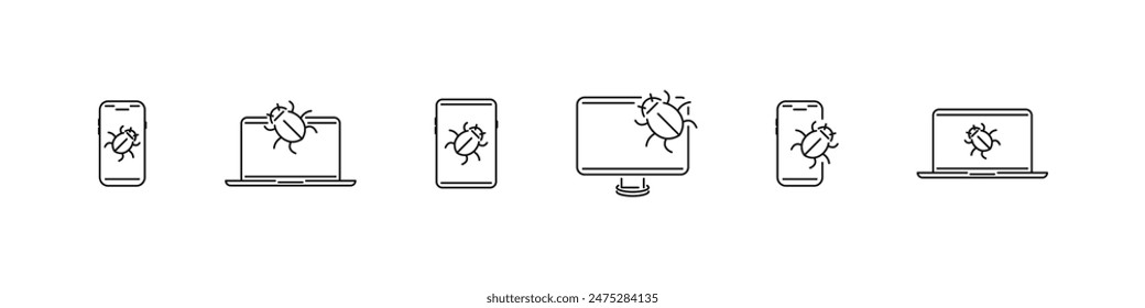 Device bug vector icon set. Malware software on computer or phone concept icons. Cyber protection outline symbols.