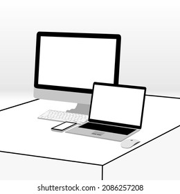 Afiche de dispositivo o empresa con 2d gadget mockup con pantalla en blanco. Teléfono celular, portátil, monitor. Escena vectorial de tecnología inteligente. Banner publicitario de equipos electrónicos
