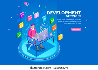 Device with character concept. Program developer creating website writing software at computer desktop. Engineer male programmer programming. Concept 3D flat isometric vector illustration landing page