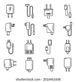 Device charger icons set outline vector. Mobile usb cable. Smartphone charger