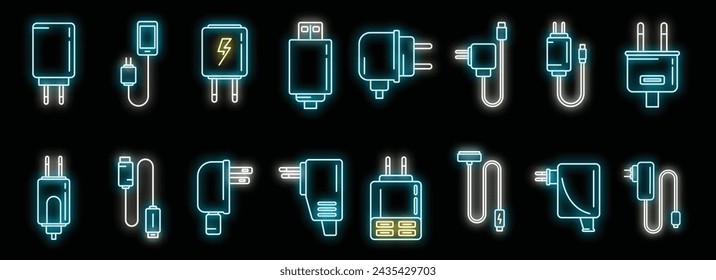 Iconos del cargador del dispositivo establecen el vector de contorno. Cable USB móvil. Cargador de teléfono inteligente de neón aislado