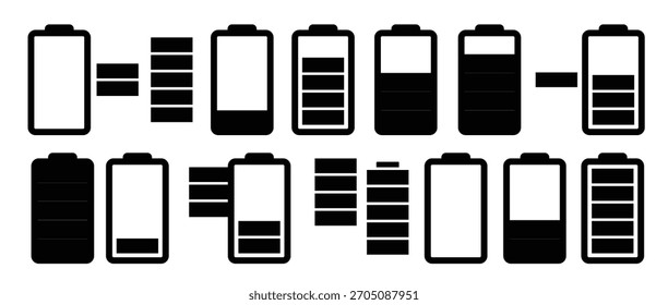 Conjunto de iconos de carga del dispositivo. Niveles de Recargo Pequeño, Mediano y Grande. Icono para teléfono, portátil, App y presentación.