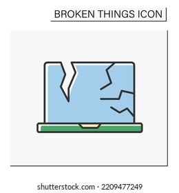 Device Color Icon. Destroyed Electronic Device. Smashed Laptop. Broken Screen. Vandalism, Chaos. Broken Things Concept. Isolated Vector Illustration. Editable Stroke