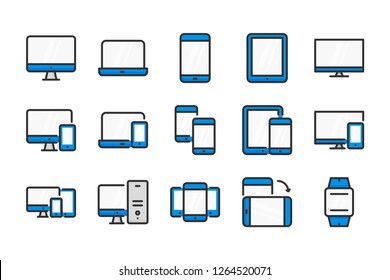 Device color line icons. Сomputer technology and mobile devices vector linear colorful icon set. Isolated icon collection on white background.