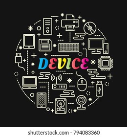 degradado de color del dispositivo con iconos de línea definidos, trazo editable vectorial