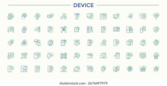 Device colorful line icon set. Contains such symbols as technology, laptop, computer, equipment, pc and more. Minimalist linear icons. Tablet modern icon set. Vector artwork and illustration.