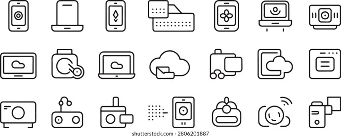 Device Communication Icons Set with Smartphones, Computers, Cloud Storage and Connectivity Symbols for Digital Workflow Design