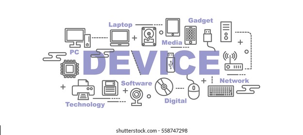 device and computer vector banner design concept, flat style with thin line art icons on white background
