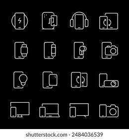 Device connection, white line icons. Connecting gadgets and devices. Ideal for tech and communication themes. Symbols on black background. Editable stroke.