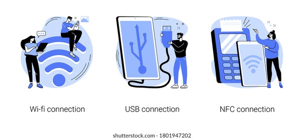 Device connectivity abstract concept vector illustration set. Wi-fi, USB and NFC connection, network access, cable data transfer, hard drive, USB port, contactless card payment abstract metaphor.