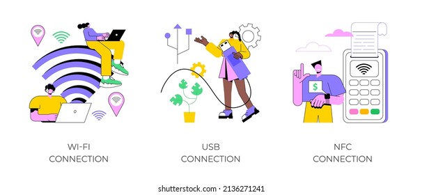 Conectividad de dispositivos conjunto de ilustraciones vectoriales de concepto abstracto. Wi-Fi, conexión USB y NFC, acceso a la red, transferencia de datos por cable, disco duro, puerto USB, metáfora abstracta de pago con tarjeta sin contacto.