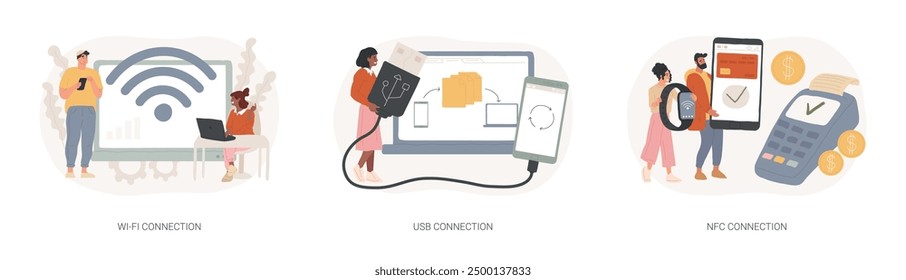 Device connectivity isolated concept vector illustration set. Wi-fi, USB and NFC connection, network access, cable data transfer, hard drive, USB port, contactless card payment vector concept.