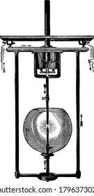 A device constructed for automatically separating the carbons, when the current is turned on, for feeding the carbons together, as they are burned away, at their tips, vintage line drawing