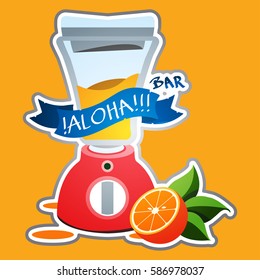 Device for creating cocktails sticker. Blender with banner tape and orange.