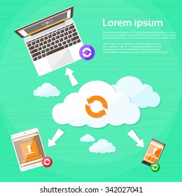 Device Data Share, Laptop Phone and Tablet Information Synchronize Vector Illustration