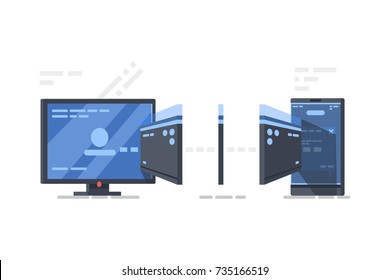 Device data synchronization concept, clone account files, synchronization mobile phone with computer desktop, file copy 3d vector illsutration 