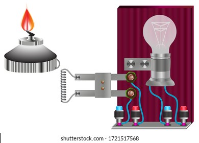 A device for demonstrating the dependence of the resistance of a conductor on heating, which consists of an incandescent lamp and a wire resistor.
