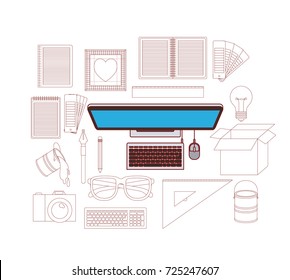 device desktop computer in color with silhouette elements for graphic design on white background vector illustration