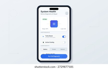 Una herramienta de diagnóstico de dispositivos muestra información de estado del sistema, incluida la temperatura de la CPU, la carga y las Configuraciones de rendimiento. También muestra opciones para ejecutar un diagnóstico completo.