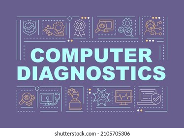Device diagnostics word concepts purple banner. Testing hardware. Infographics with linear icons on background. Isolated typography. Vector color illustration with text. Arial-Black font used