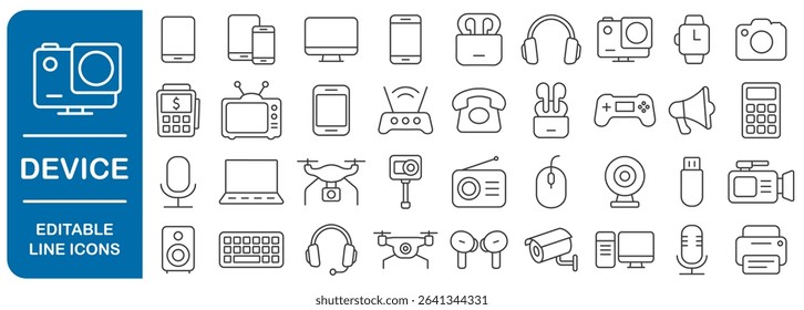 Device editable stroke line icon set. Electronic devices and gadgets icons for web, mobile app. Smart devices, drone, technology, smartphone, tablet, laptop. Vector illustration. Isolated on white 