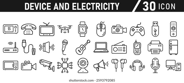 Device Electricity line icon set. Electronic devices include computer, Computer monitor, smartphone, tablet and laptop sumbol collection. Vector illustration