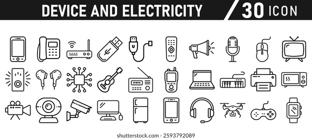 Device Electricity line icon set. Electronic devices include computer, Computer monitor, smartphone, tablet and laptop sumbol collection. Vector illustration