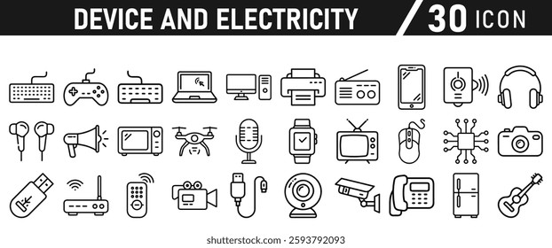 Device Electricity line icon set. Electronic devices include computer, Computer monitor, smartphone, tablet and laptop sumbol collection. Vector illustration