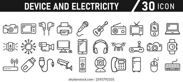 Device Electricity line icon set. Electronic devices include computer, Computer monitor, smartphone, tablet and laptop sumbol collection. Vector illustration