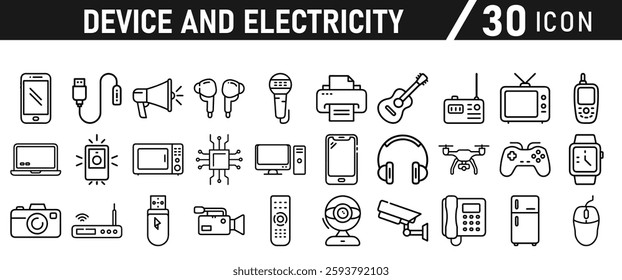 Device Electricity line icon set. Electronic devices include computer, Computer monitor, smartphone, tablet and laptop sumbol collection. Vector illustration