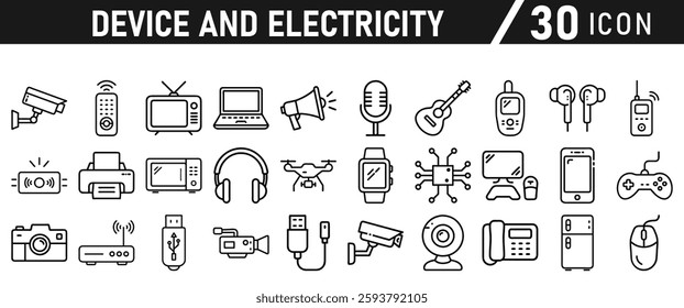 Device Electricity line icon set. Electronic devices include computer, Computer monitor, smartphone, tablet and laptop sumbol collection. Vector illustration