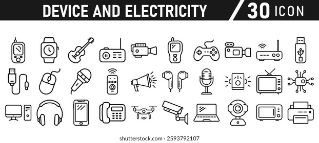 Device Electricity line icon set. Electronic devices include computer, Computer monitor, smartphone, tablet and laptop sumbol collection. Vector illustration