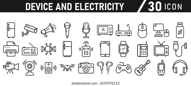 Device Electricity line icon set. Electronic devices include computer, Computer monitor, smartphone, tablet and laptop sumbol collection. Vector illustration