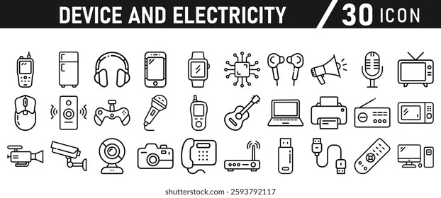 Device Electricity line icon set. Electronic devices include computer, Computer monitor, smartphone, tablet and laptop sumbol collection. Vector illustration