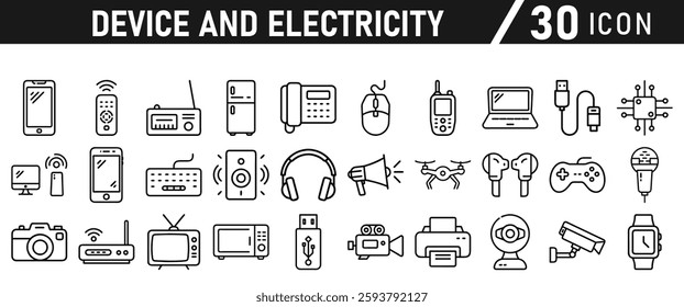 Device Electricity line icon set. Electronic devices include computer, Computer monitor, smartphone, tablet and laptop sumbol collection. Vector illustration