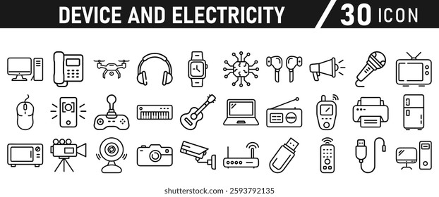 Device Electricity line icon set. Electronic devices include computer, Computer monitor, smartphone, tablet and laptop sumbol collection. Vector illustration