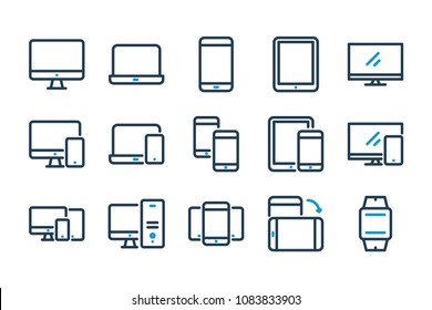 Device and Electronic Gadget related line icon set. Computer, laptop and mobile phone variations line icons.