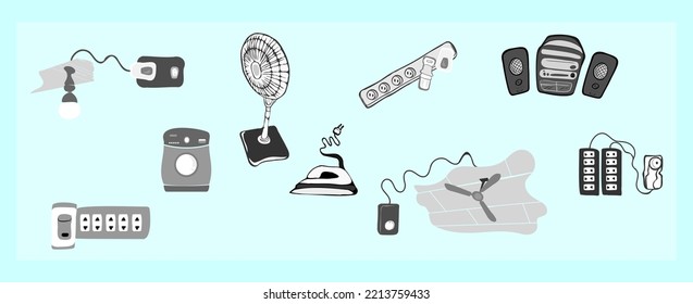 Device of electronics. Washing machine. Iron, Fan, Electric power socket.