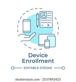 Device enrollment soft blue concept icon. Endpoint security, access control. Profile data. Round shape line illustration. Abstract idea. Graphic design. Easy to use in infographic, presentation