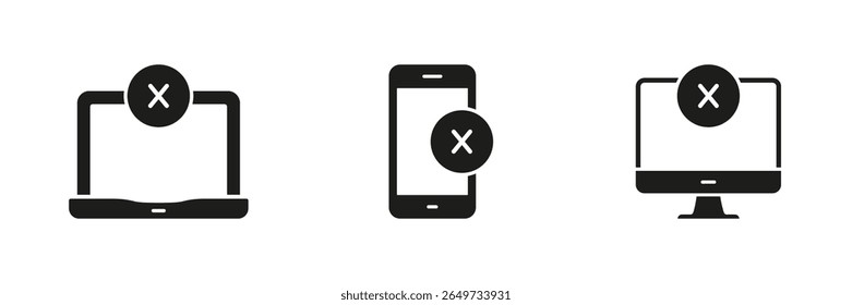 Erro De Dispositivo, Problemas De Conectividade, Coleção De Ícones De Silhueta De Falhas Do Sistema. Laptop, Smartphone, Desktop Com Símbolo De Erro Sólido Conjunto De Símbolos. Solução de problemas de tecnologia. Ilustração de vetor isolada.