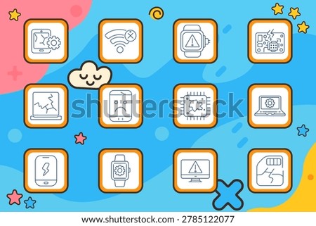 Device error repair set icon. Broken phone, wifi disconnect, smartwatch alert, circuit fault, cracked laptop, sad phone face, damaged chip, laptop repair, low battery phone, watch gear