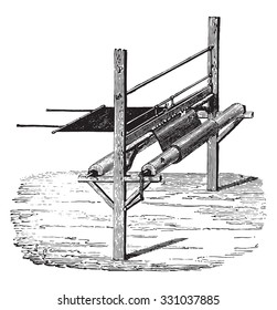 Device to extend the rubber on fabrics, vintage engraved illustration. Industrial encyclopedia E.-O. Lami - 1875.
