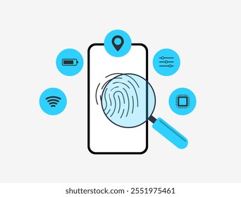 Impressão digital do dispositivo com telefone celular, dados biométricos, endereço IP, endereço MAC, resolução e ícones de bateria. Segurança on-line, identificação do usuário e coleta de dados vetor ilustração conceito