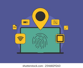 Impressão digital do dispositivo - coleta de dados do navegador da Web para identificação remota do usuário. Possui endereço IP, MAC, fontes, resolução, configurações e bateria. Ilustração vetorial para conceitos de segurança online