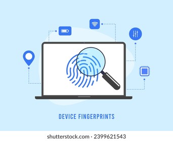 Concepto de huellas digitales de dispositivos. Datos de huellas dactilares del explorador Web para la identificación de dispositivos remotos asimilados mediante un algoritmo. Ip, dirección Mac, ajuste, nivel de batería. Ilustración vectorial aislada