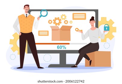 Device firmware concept. A man and a woman are sitting next to a large computer screen and waiting for the system update to finish. Installing the software. Cartoon modern flat vector illustration