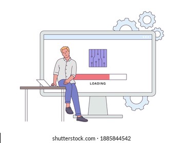 Concepto de firmware y software del dispositivo. Joven intentando actualizar el dispositivo. Ingeniería de dispositivos de firmware de hombre. Ilustración de estilo de línea moderna