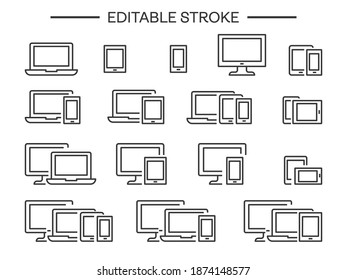 device and gadget editable line icon set Desktop computer , laptop tablet Pc and Smartphone icons vector Technology devices computers web smart linear symbol