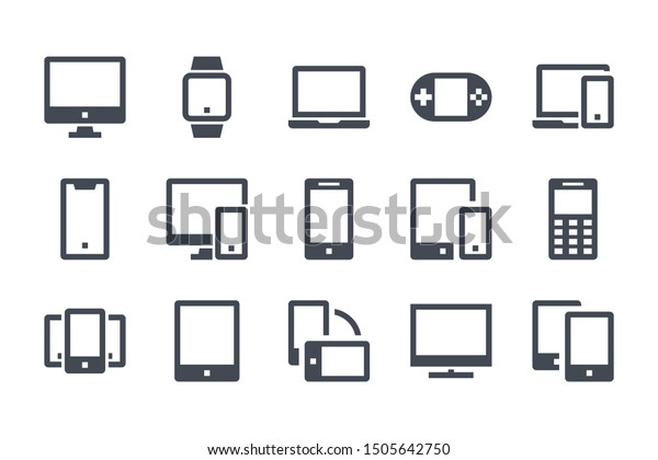 デバイスグリフアイコンセット コンピューター スマートフォン および電子機器の塗りつぶされたアイコン スマートデバイスのソリッドベクター画像符号のコレクション のベクター画像素材 ロイヤリティフリー